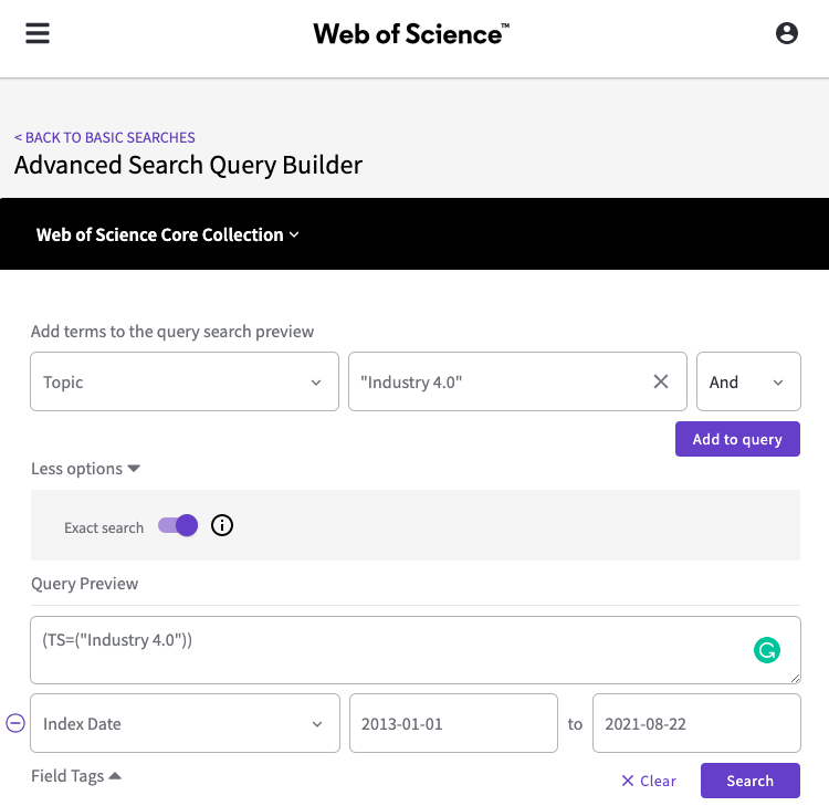 Industry 4.0 Web of Science advanced search